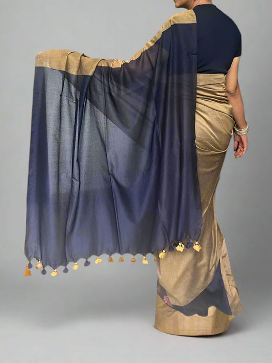 Half and Half Handloom Saree - Khakee with Navy Blue Pallu