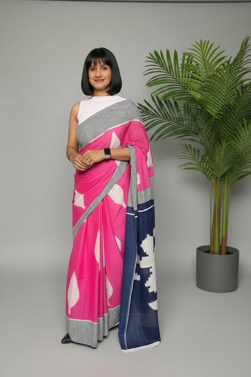 Pure Mulmul Cotton - Hand Block Printed Pink Saree