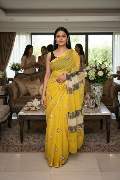 Kota Doriya Printed Saree - Yellow