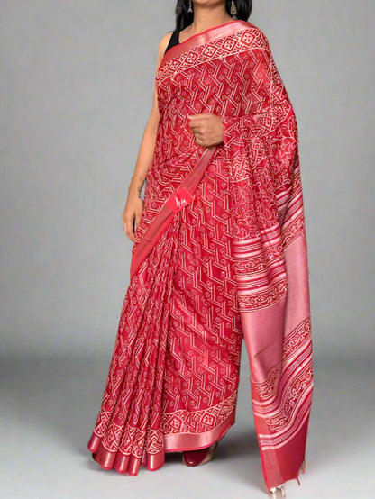 Art Linen Block Print Saree - Red