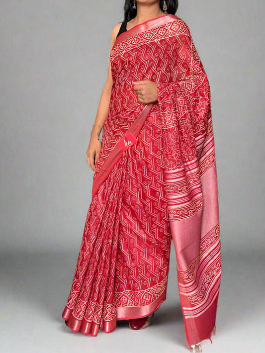 Art Linen Block Print Saree - Red