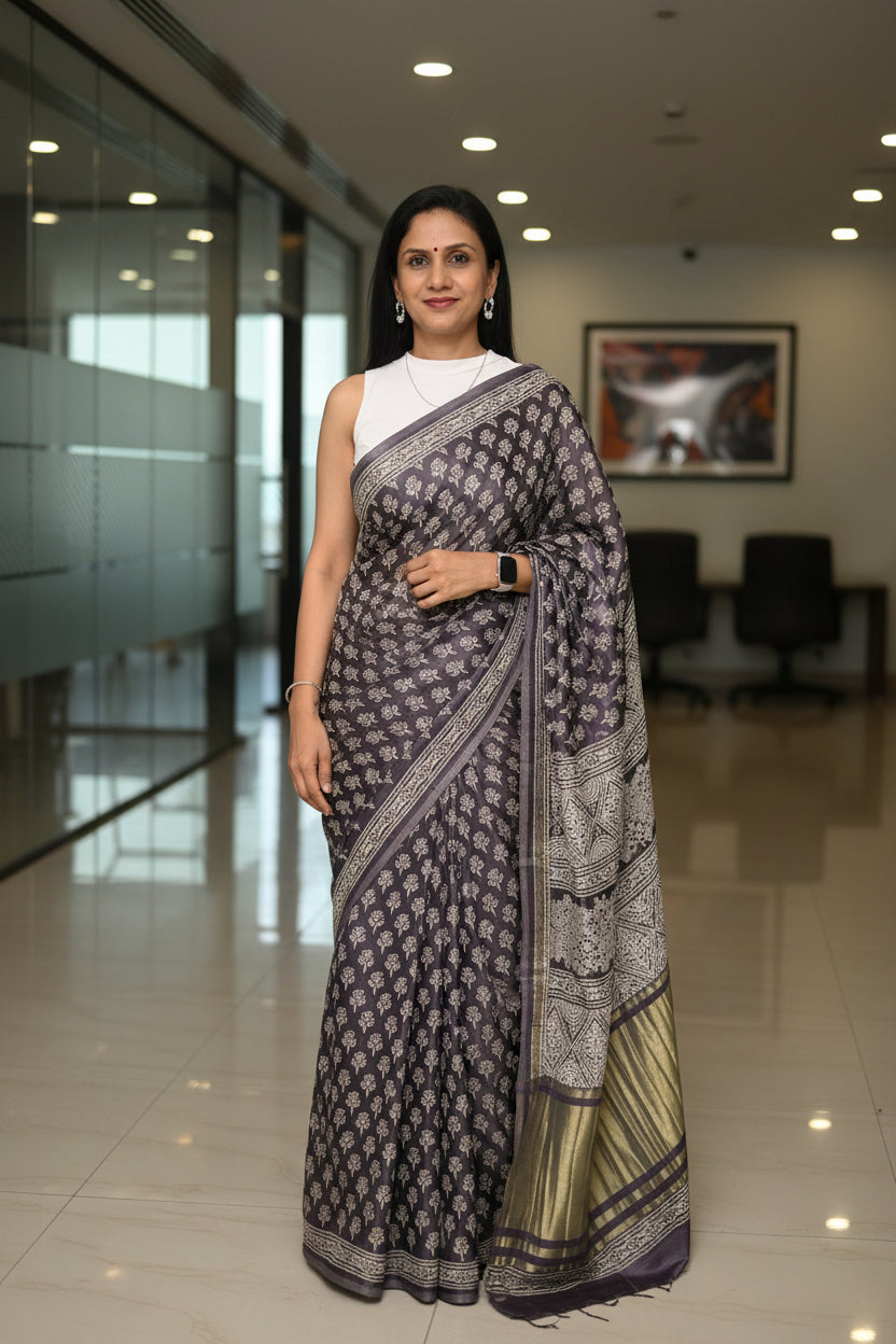 Gajji Silk Lagdi Patta Block Print Saree - Dark Purple