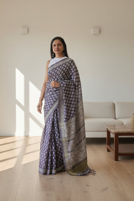 Gajji Silk Lagdi Patta Block Print Saree - Dark Purple