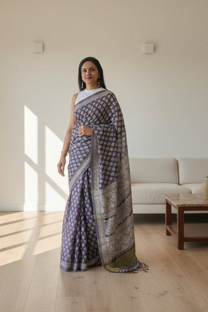 Gajji Silk Lagdi Patta Block Print Saree - Dark Purple