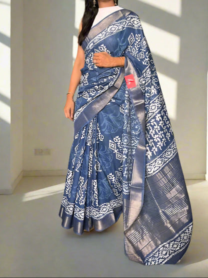 Art Silk Maheshwari Dabu Indigo Print - Liva Fabric
