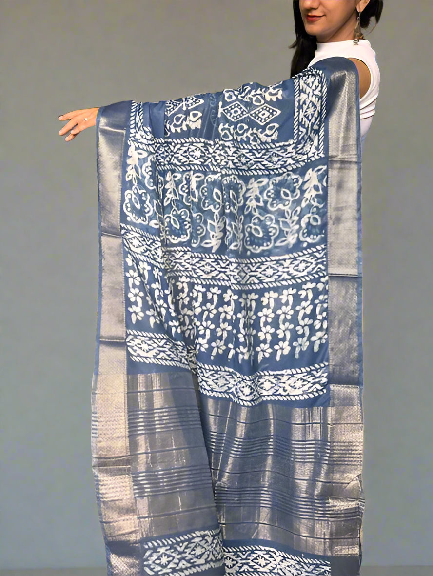 Art Silk Maheshwari Dabu Indigo Print - Liva Fabric