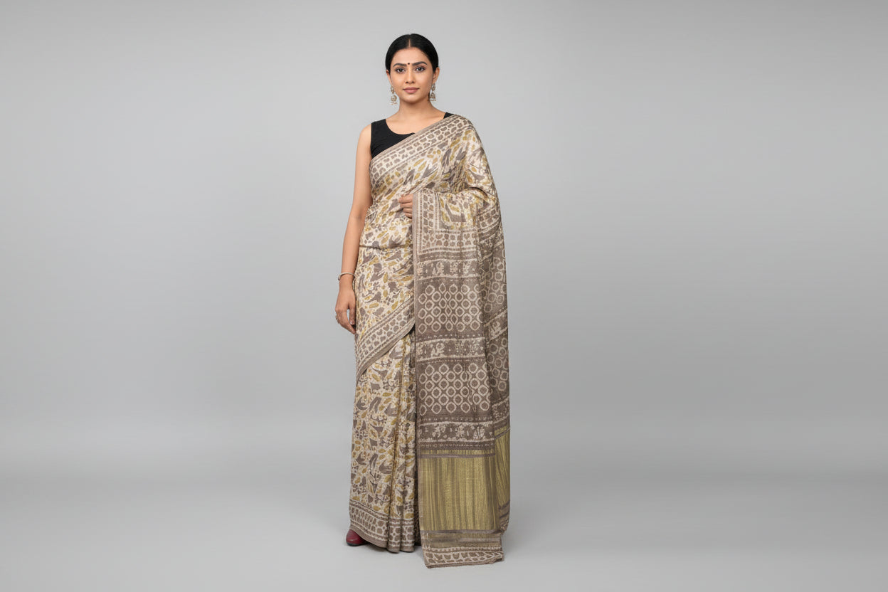 Gajji Silk Lagdi Patta Multani Print Saree - Beige