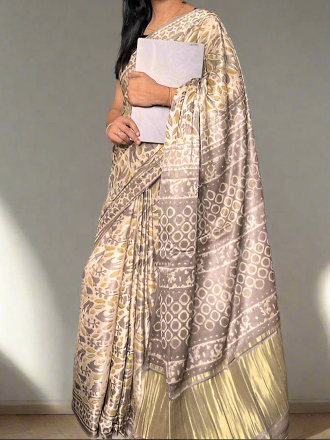 Gaji Silk Lagdi Patta Multani Print Saree - Beige