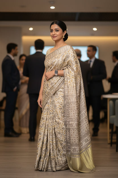 Gajji Silk Lagdi Patta Multani Print Saree - Beige