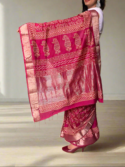 Art Silk Maheshwari Block Print Saree