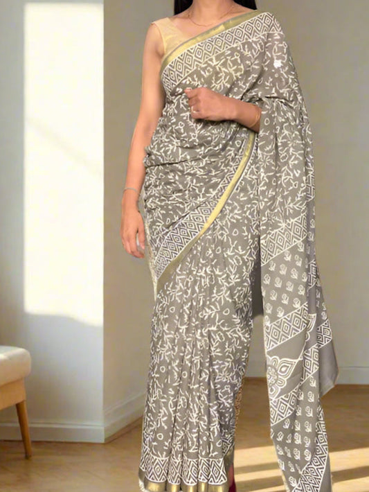 Cotton Jari Border Block Print Sarees - Khakee