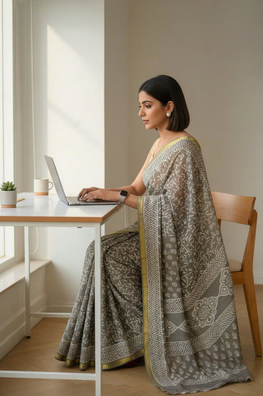 Cotton Jari Border Block Print Saree - Khakee