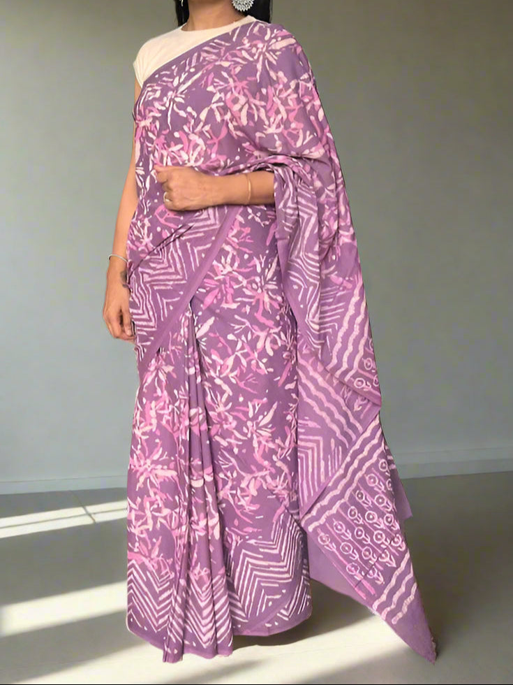 Cotton Jaipur Block Dabu Print Saree - Pink