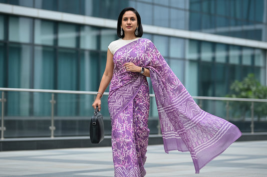 Purple Cotton Jaipur Block Dabu Print Saree