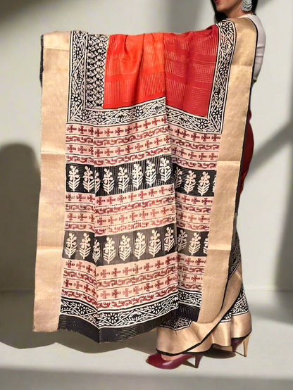 Russian Silk Jacquard Checks Bagru Print Saree - LIVA Fabric