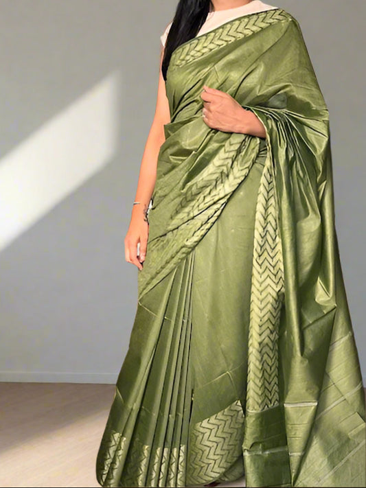 Cotton Silk Olive Saree with Zig Zag Border