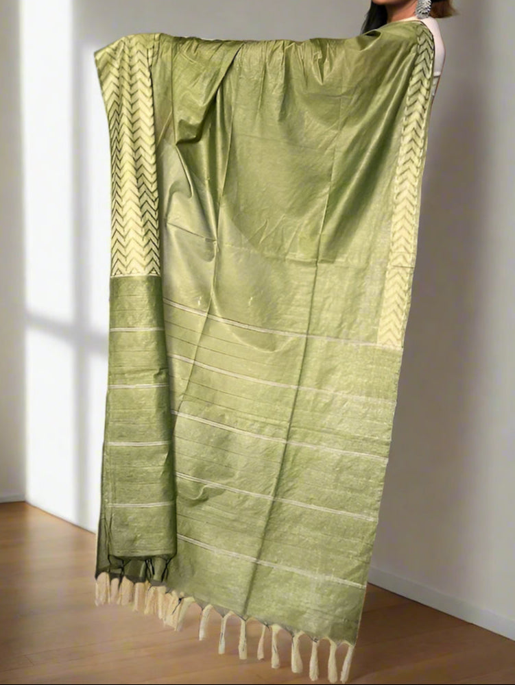 Cotton Silk Olive Saree with Zig Zag Border