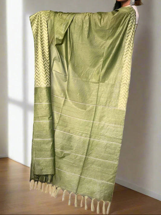Cotton Silk Olive Saree with Zig Zag Border