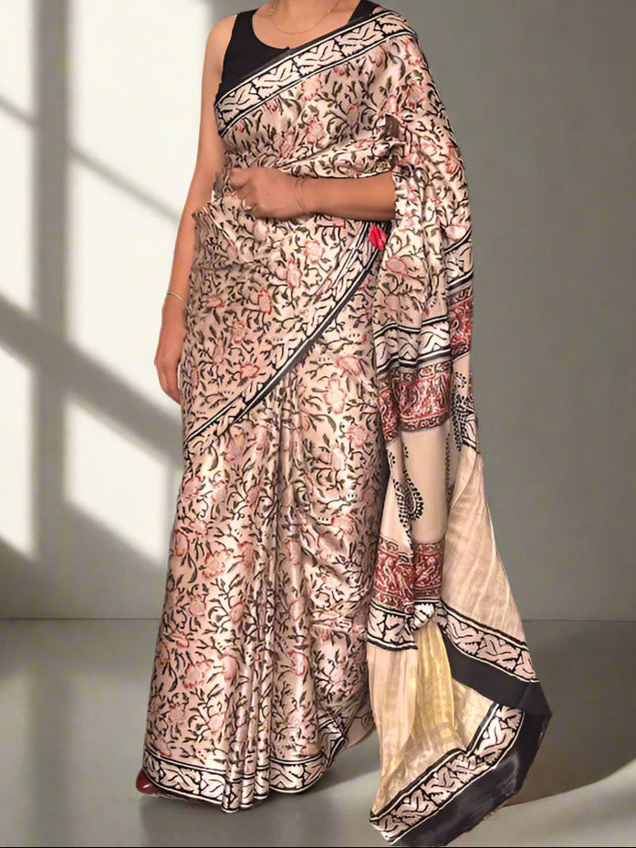 Gajji Silk Tissue Patta Bagru Print Saree