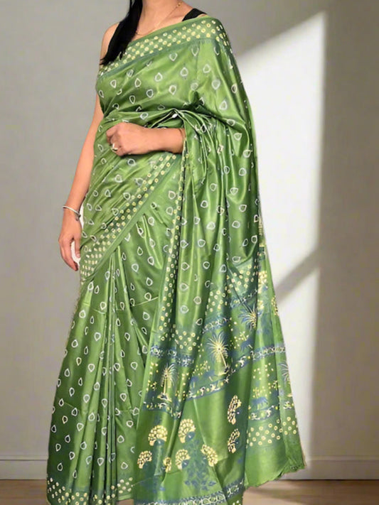 Modal Muslin Double Block Print Saree - Green