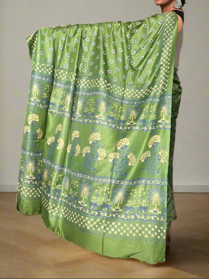 Modal Muslin Double Block Print Saree - Green
