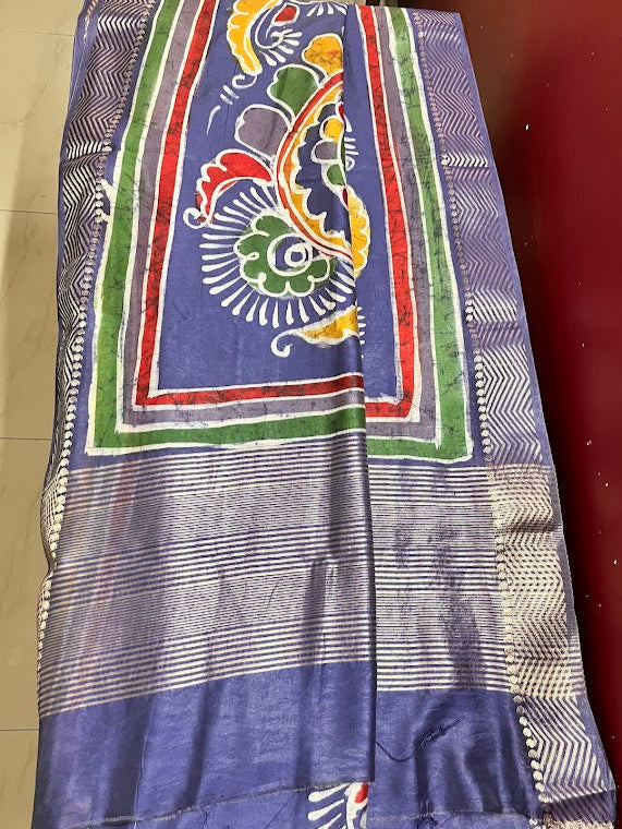 Maheshwari Batik Hand Print Saree - Blue with Ambi