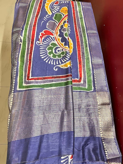 Maheshwari Batik Hand Print Saree - Blue with Ambi