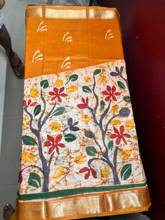 Maheshwari Batik Hand Print Saree - Mustard