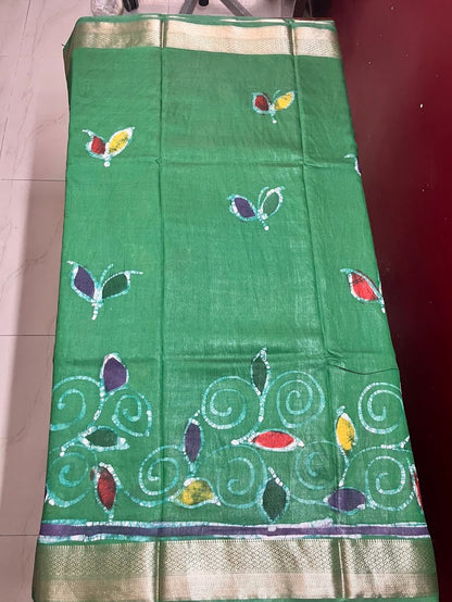 Maheshwari Batik Hand Print Saree - Green