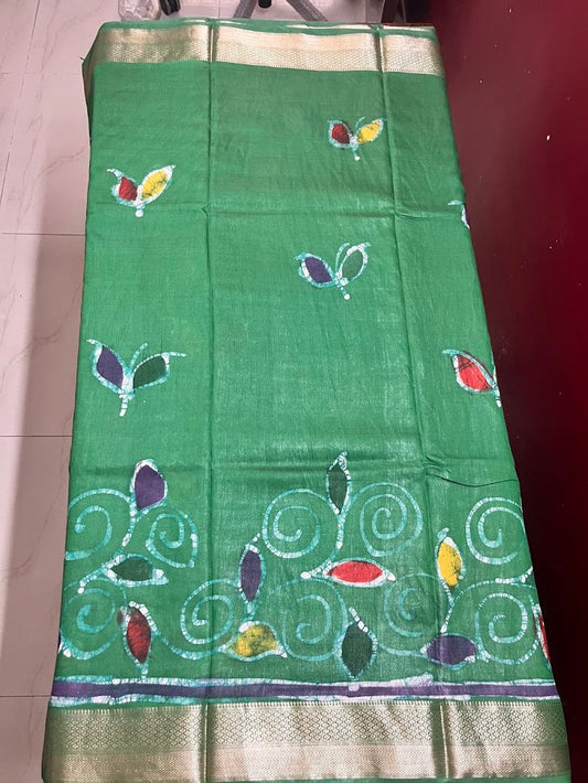 Maheshwari Batik Hand Print Saree - Green