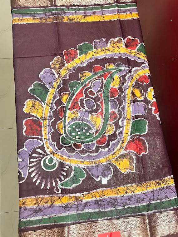 Maheshwari Batik Hand Print Saree - Wine