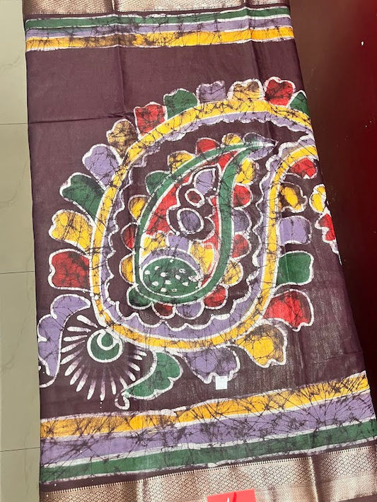 Maheshwari Batik Hand Print Saree - Wine