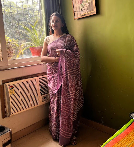 Purple Cotton Jaipur Block Dabu Print Saree