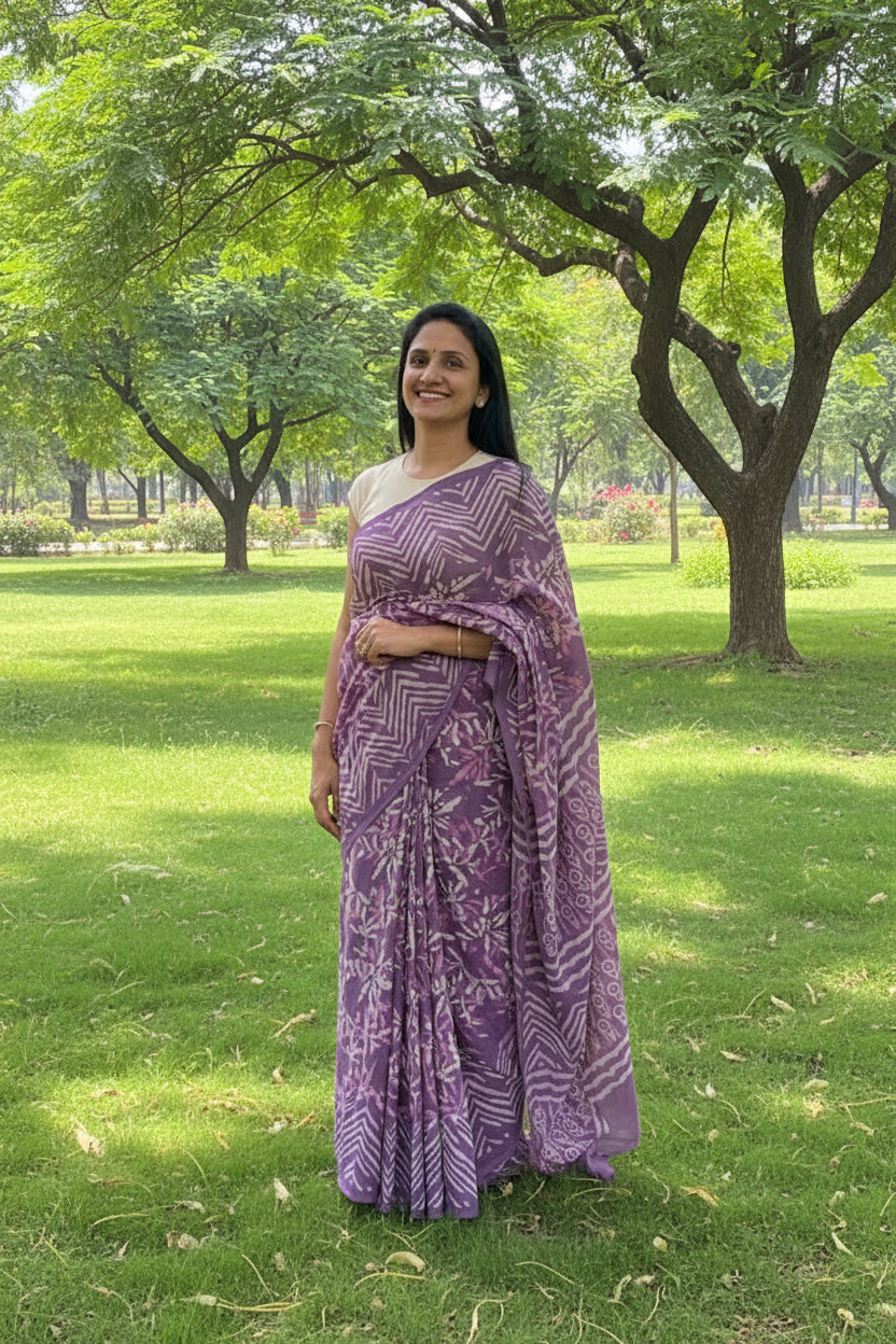 Purple Cotton Jaipur Block Dabu Print Saree