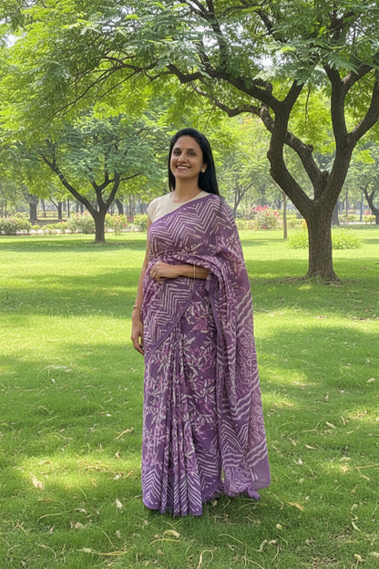 Purple Cotton Jaipur Block Dabu Print Saree
