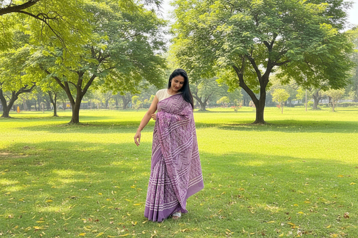 Purple Cotton Jaipur Block Dabu Print Saree