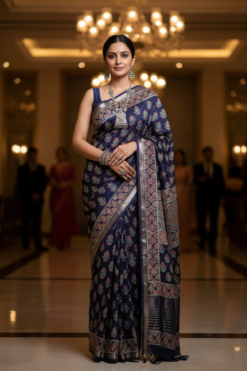 Art Silk Crepe Naphthol Block Print Saree -  Deep Blue