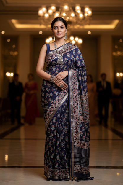 Art Silk Crepe Naphthol Block Print Saree -  Deep Blue