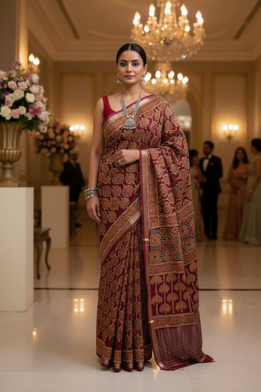 Art Silk Crepe Naphthol Block Print Saree - Deep Red