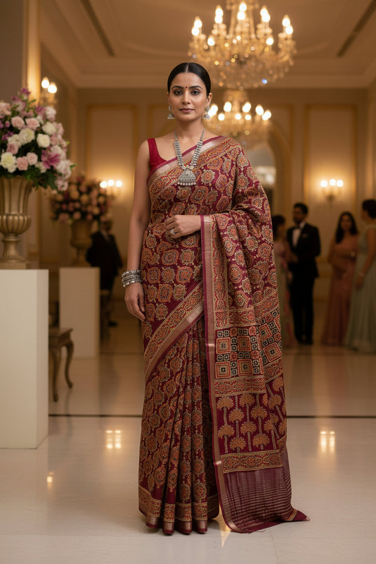 Art Silk Crepe Naphthol Block Print Saree - Deep Red