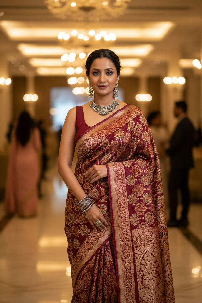 Art Silk Crepe Naphthol Block Print Saree - Deep Red