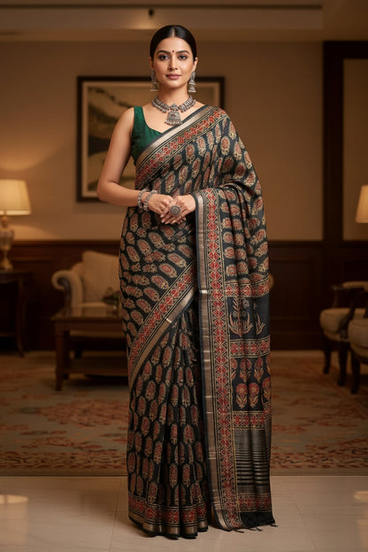 Art Silk Crepe Naphthol Block Print Saree - Deep Green