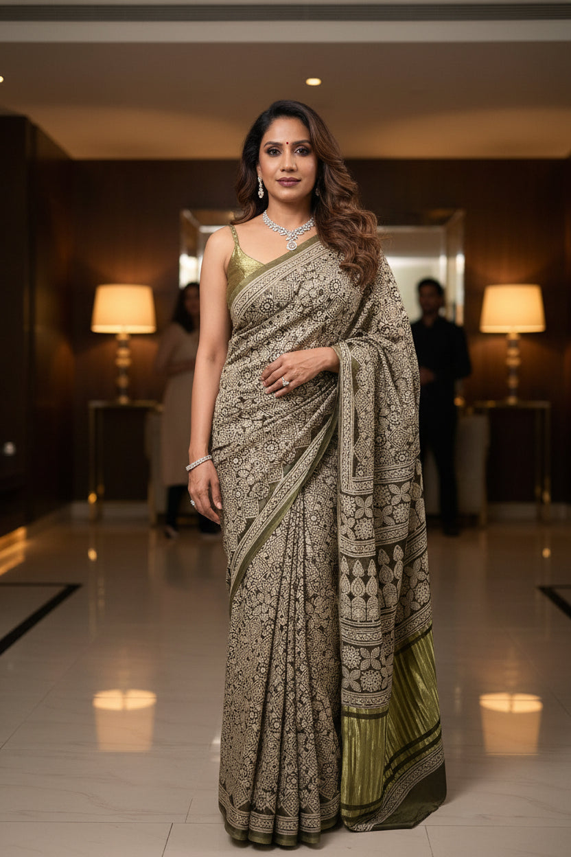 Gajji Silk Lagdi Patta Block Print Saree - Olive
