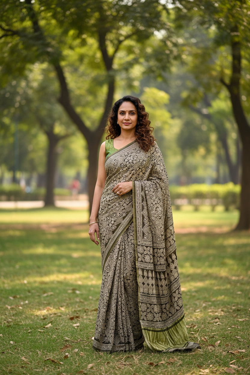 Gajji Silk Lagdi Patta Block Print Saree - Olive