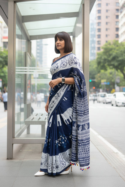 Pure Mulmul Cotton - Hand Block Printed Saree - Bicycle