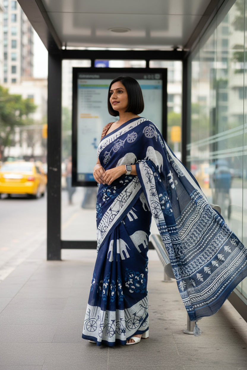 Pure Mulmul Cotton - Hand Block Printed Saree - Bicycle