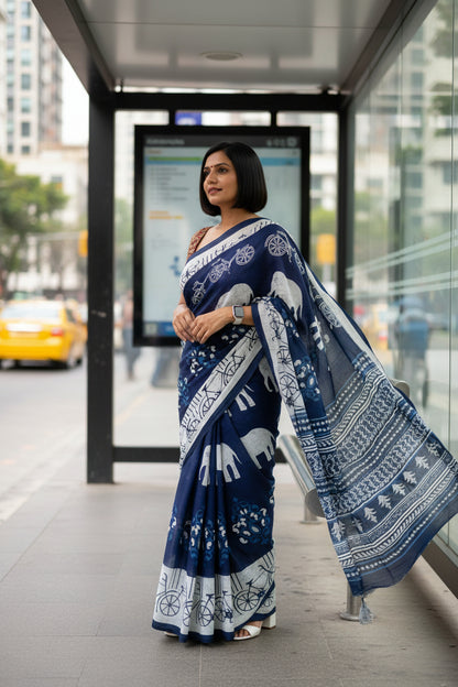 Pure Mulmul Cotton - Hand Block Printed Saree - Bicycle