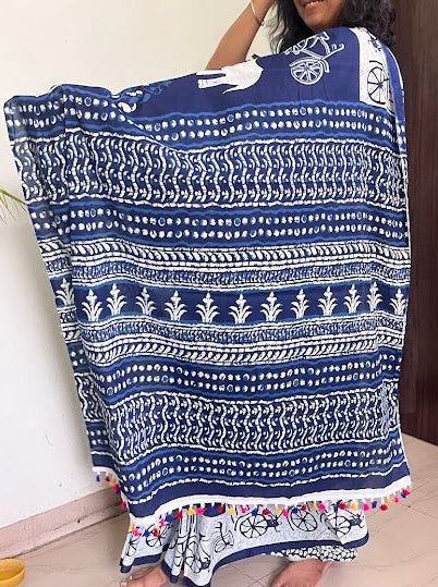 Pure Mulmul Cotton - Hand Block Printed Saree - Bicycle