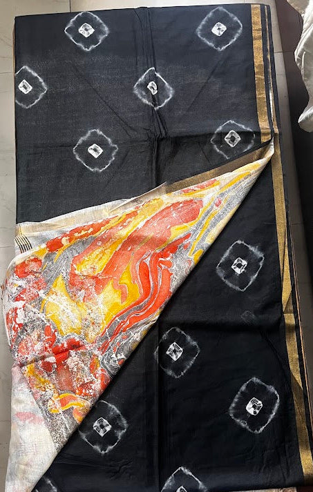 Semi Chanderi Cotton Saree - Bandhni Marble Palla - Black