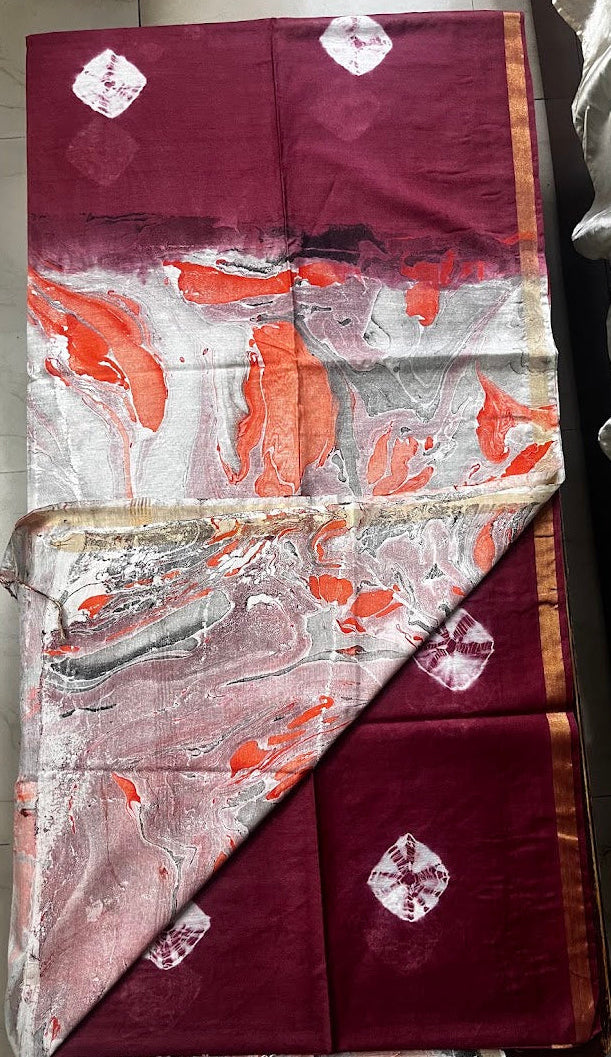 Semi Chanderi Cotton Saree - Bandhni Marble Palla - Maroon